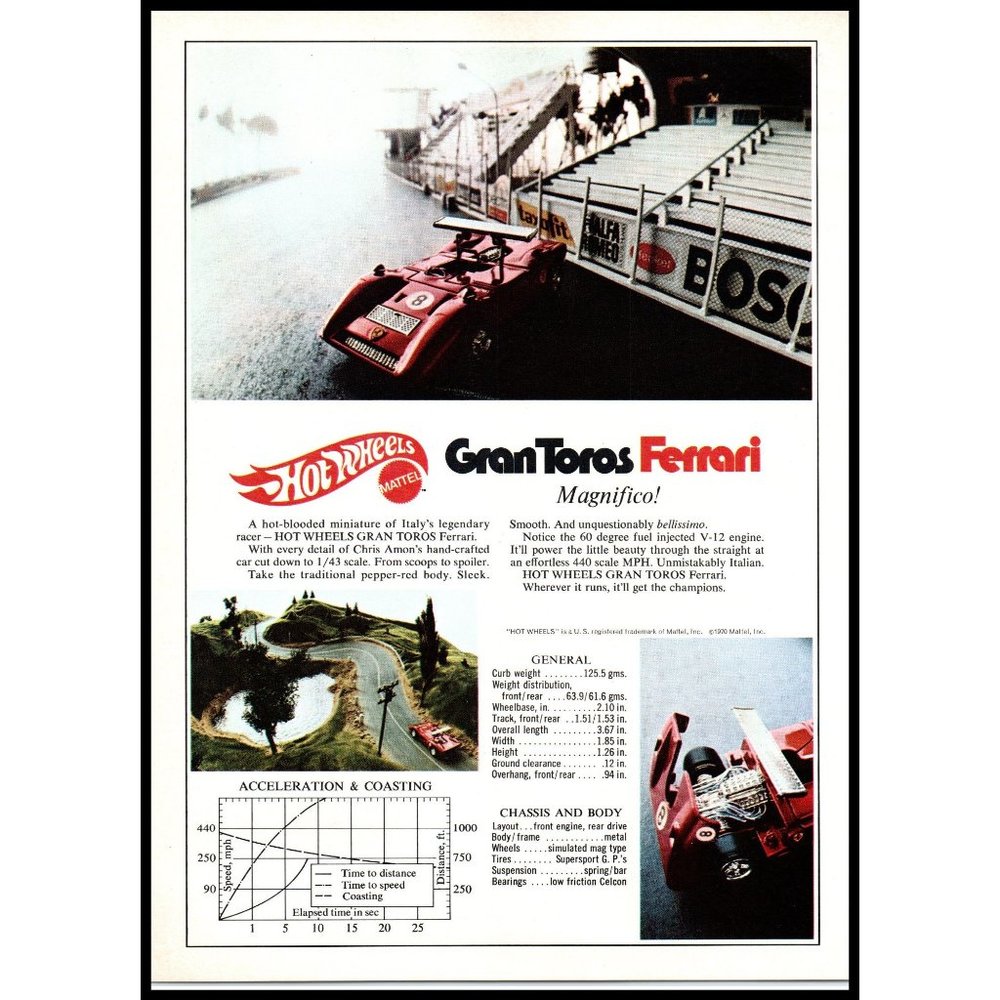 1970 Hot Wheels Car Gran Toros Ferrari Vintage Print Ad Man Cave Wall Art Photo